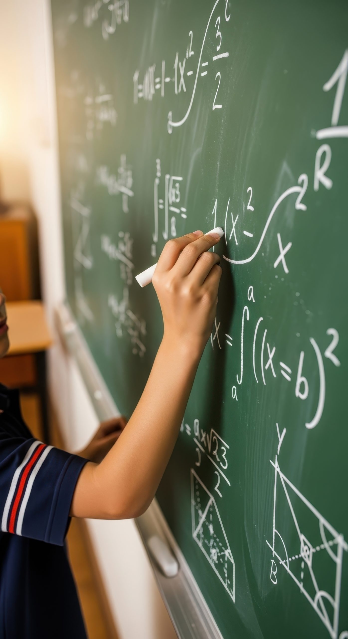 Student writing integral and derivative equations in chalk on a green chalkboard during AP Calculus AB tutoring with Tutor of Dragons in Southlake, Texas