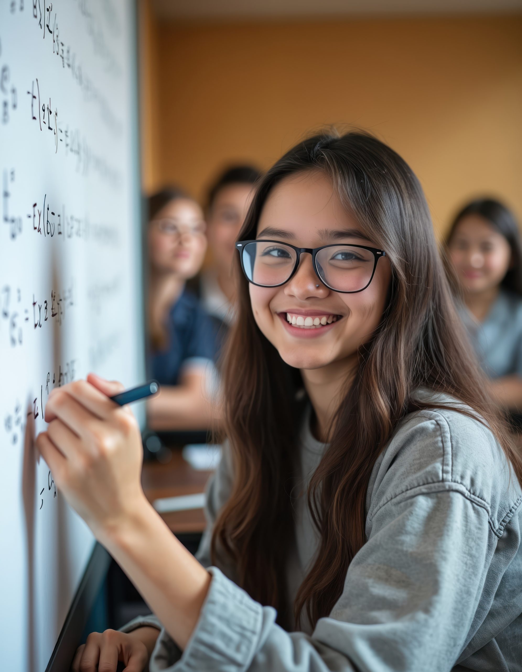 Smiling high school student writing equations on a whiteboard during AP Pre-Calculus tutoring with Tutor of Dragons in Southlake, Texas