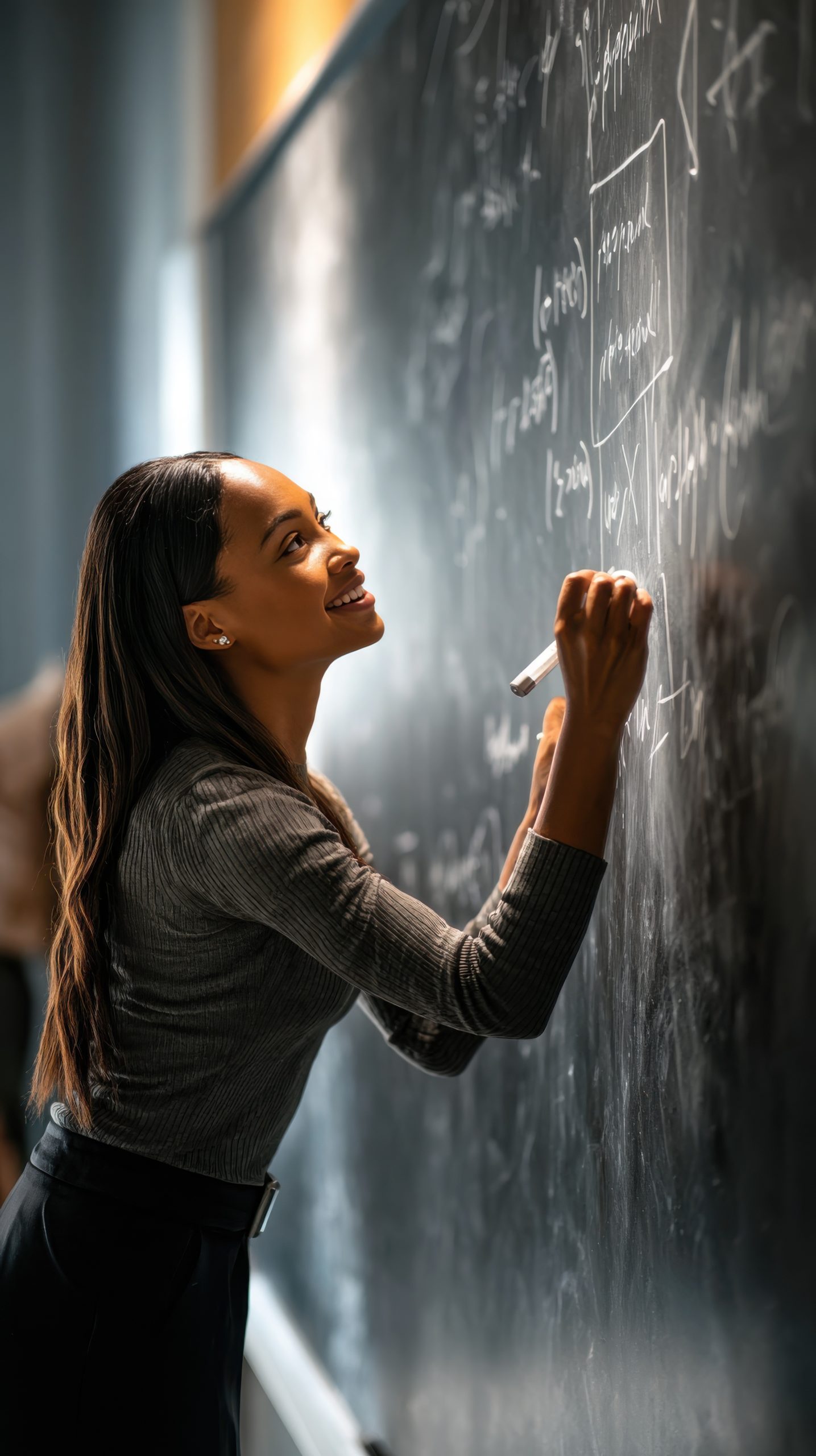 Smiling instructor writing advanced equations on a chalkboard during Honors Calculus tutoring with Tutor of Dragons in Southlake, Texas