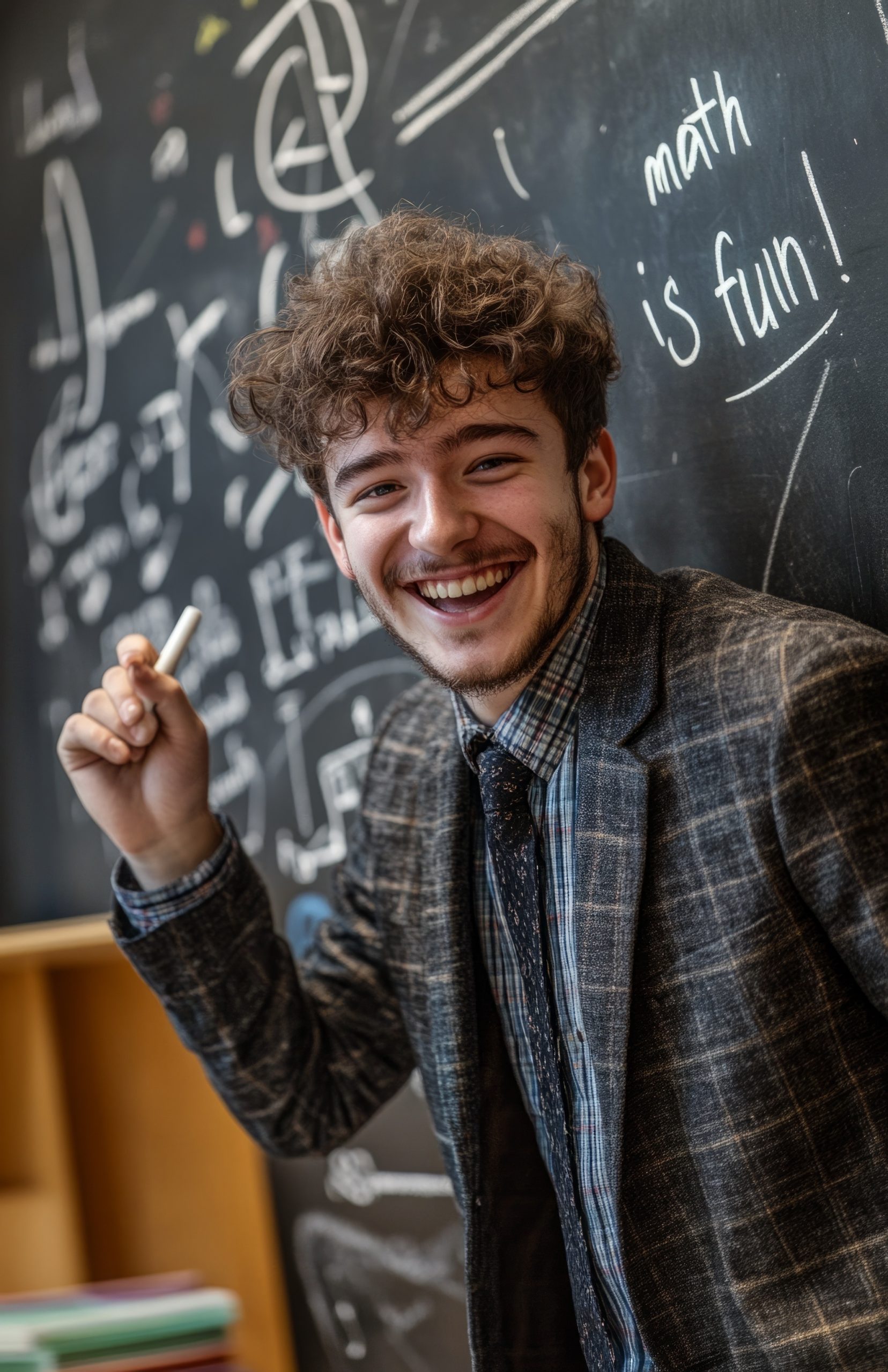Smiling tutor holding chalk in front of a chalkboard that reads "math is fun" during Honors Calculus tutoring with Tutor of Dragons in Southlake, Texas