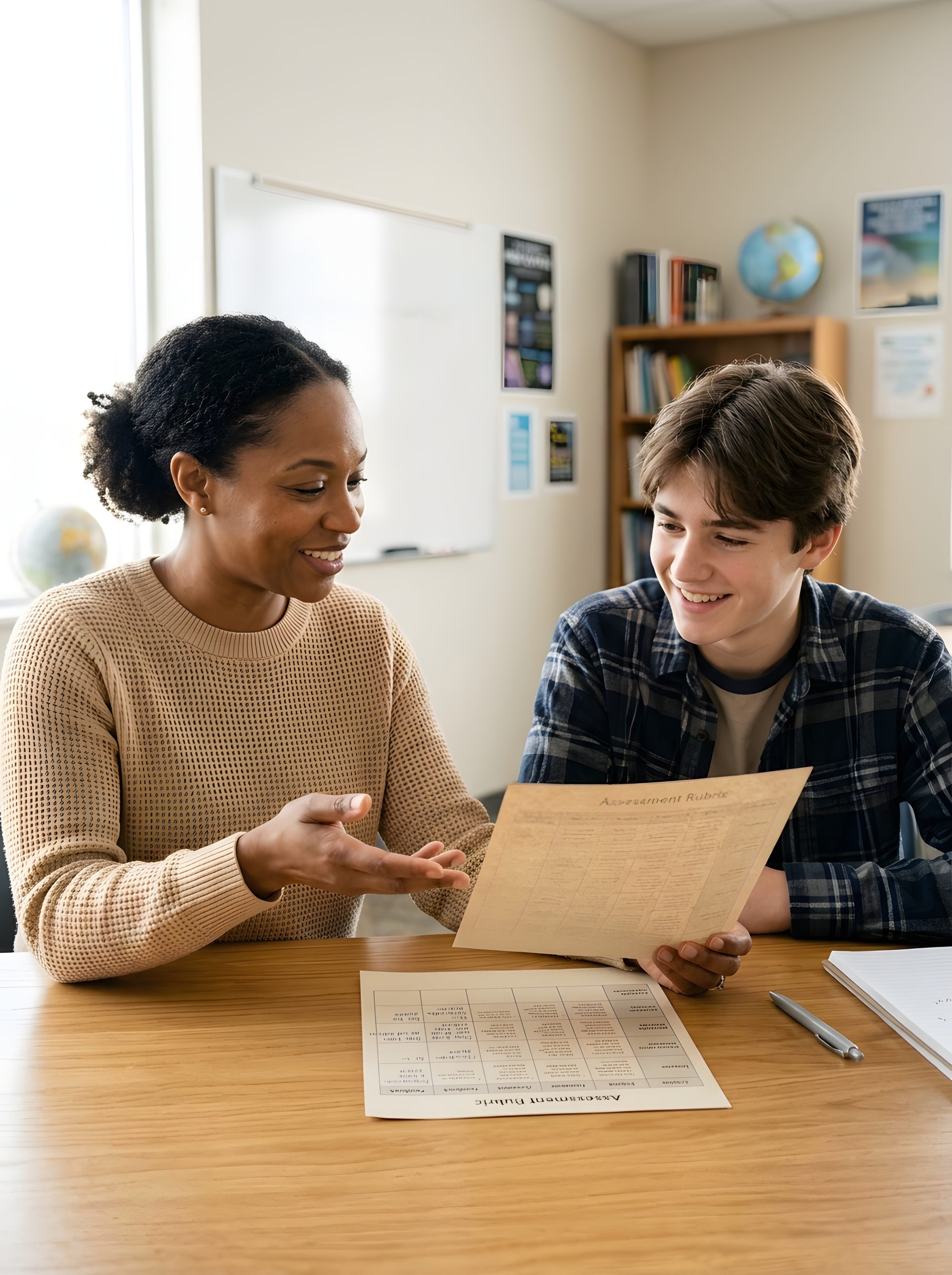 Tutor and high school student smiling while reviewing an assessment together during Pre-Calculus tutoring with Tutor of Dragons in Southlake, Texas